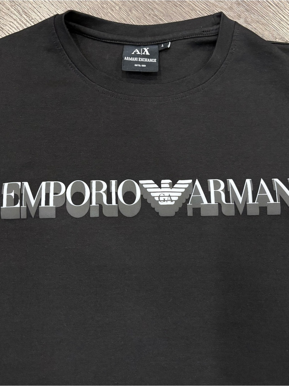 Emporio Armani, Armani Exchange Signature Black Logo Crewneck T Shirt, Designer